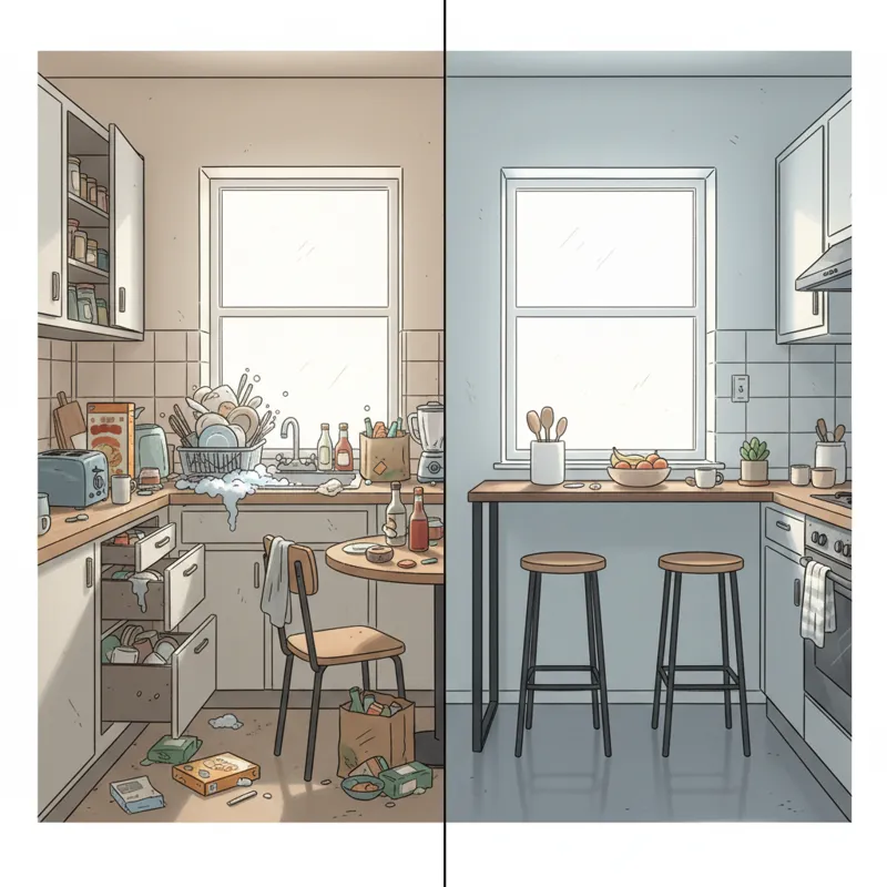A split image showing: Left: A cluttered, small kitchen space. Right: The same kitchen space with a narrow bar height table installed, looking open an