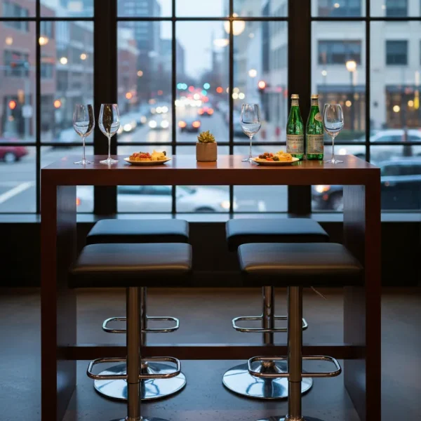 A modern, space-saving narrow bar height table with two stools, perfect for small kitchens, apartments, or as a breakfast bar.