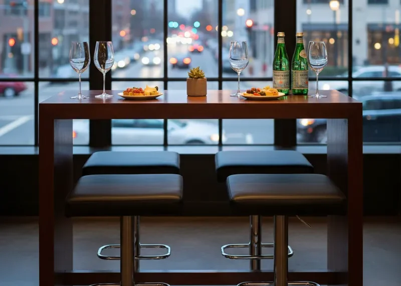 A modern, space-saving narrow bar height table with two stools, perfect for small kitchens, apartments, or as a breakfast bar.