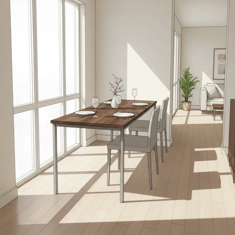 A sleek, modern narrow dining room table in a compact apartment dining area, with natural light, showing how it fits without obstructing traffic flow.