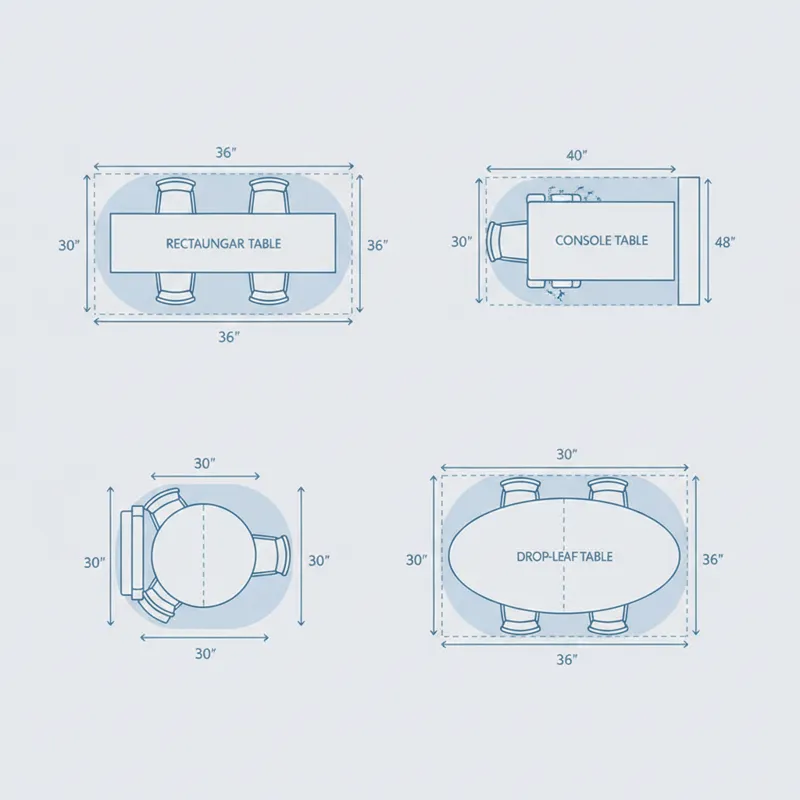 A diagram illustrating different narrow dining table shapes (rectangular, console, drop-leaf) and the minimum clearance space needed around them for c