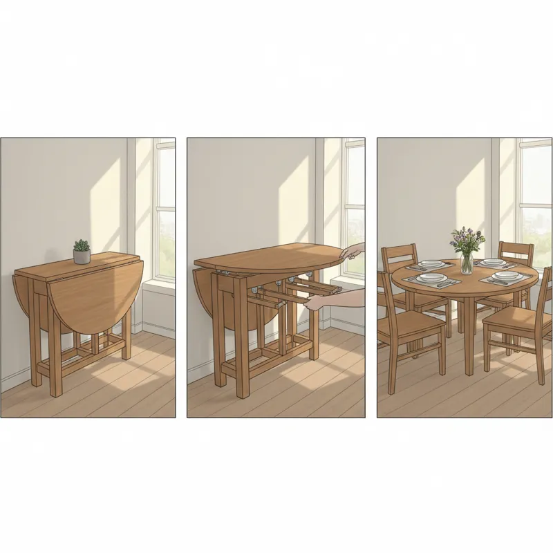 A series of sequential images or a single complex image showing a narrow drop-leaf dining table transforming from compact to extended, highlighting it