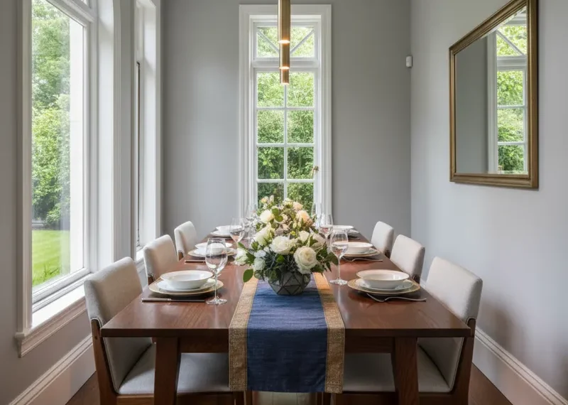 A modern, rectangular narrow dining room table with four chairs, perfect for small living spaces. The sleek design features light wood and minimalist style, set in a contemporary dining area.