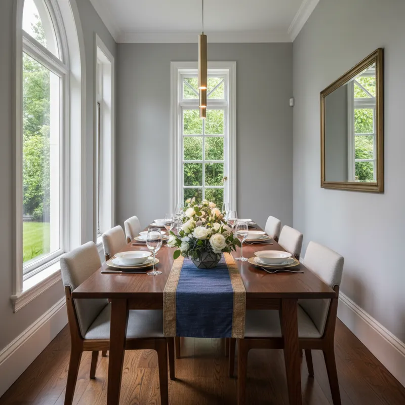 A modern, rectangular narrow dining room table with four chairs, perfect for small living spaces. The sleek design features light wood and minimalist style, set in a contemporary dining area.