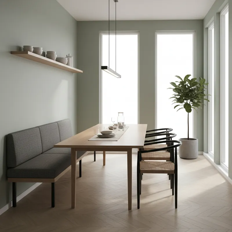 A sleek, modern narrow dining table with a built-in bench on one side, positioned in a compact, naturally lit dining area.