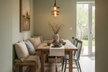Narrow dining room table with a modern wooden bench and two chairs, designed for small space dining.
