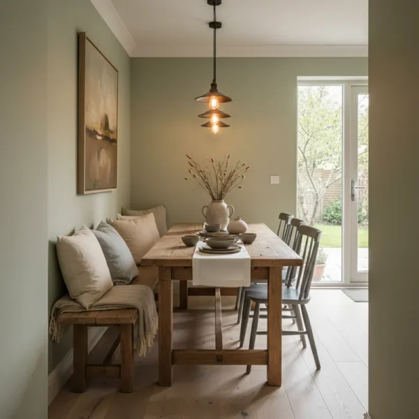 Narrow dining room table with a modern wooden bench and two chairs, designed for small space dining.