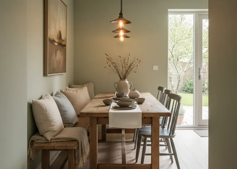 Narrow dining room table with a modern wooden bench and two chairs, designed for small space dining.