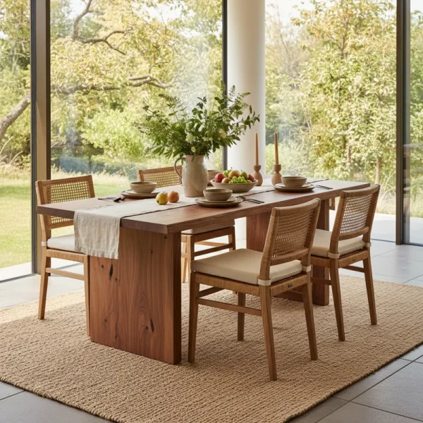 Natural solid wood dining table set with matching chairs, featuring an organic live edge design and a minimalist aesthetic, perfect for a modern rustic or Scandinavian-inspired dining room.