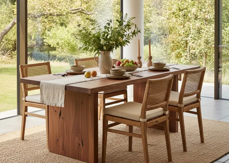 Natural solid wood dining table set with matching chairs, featuring an organic live edge design and a minimalist aesthetic, perfect for a modern rustic or Scandinavian-inspired dining room.