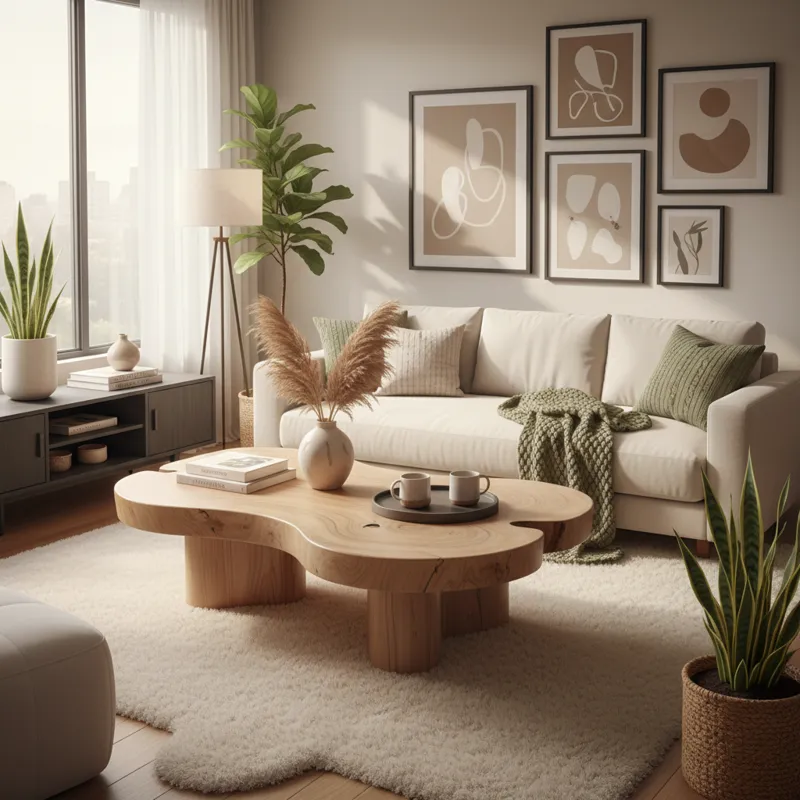 A beautifully lit living room featuring a stunning, large natural wood coffee table as the centerpiece. The room has a modern yet cozy aesthetic, with