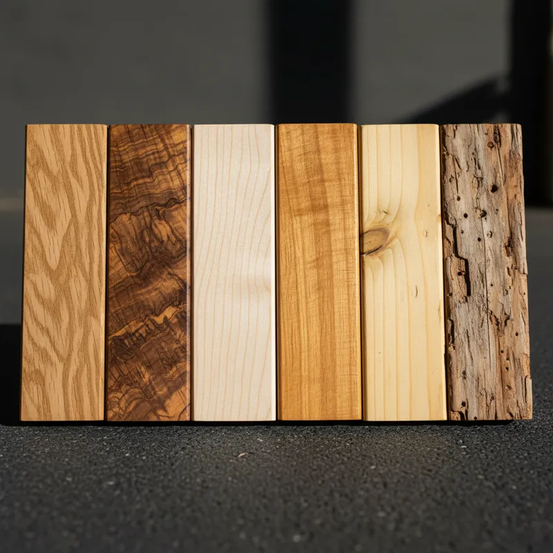 A detailed close-up shot of several different natural wood samples side-by-side, showcasing their distinct grains, colors, and textures (e.g., Oak, Wa