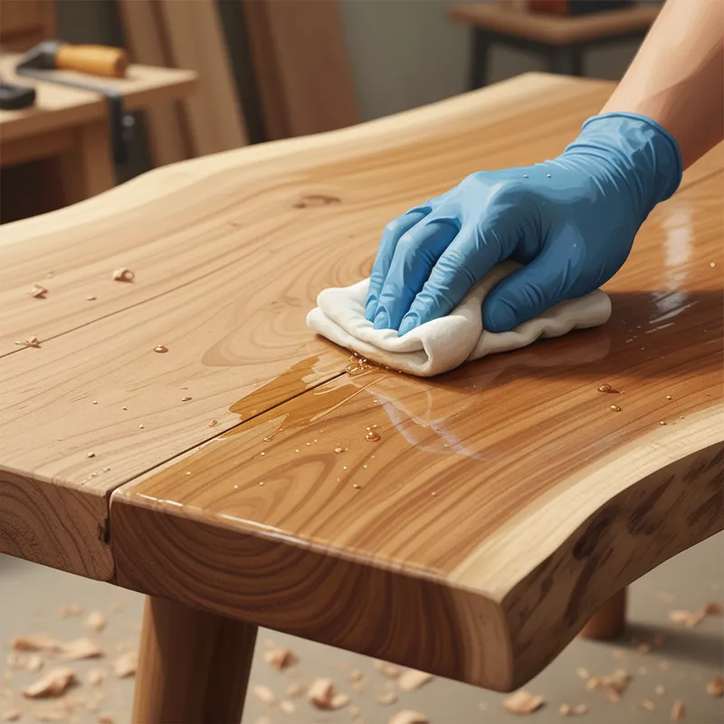 A hand applying a wood finish to a section of a natural wood coffee table, showing the immediate difference between the unfinished and finished wood.