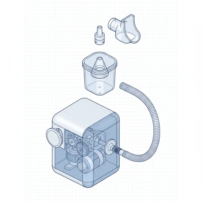 A detailed, clear illustration showing an exploded view of a typical compressor nebulizer, with each key component (medication cup, mouthpiece, tubing