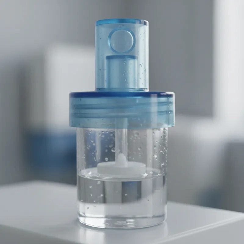 A close-up photo of a clear plastic nebulizer medication cup, showing the medication reservoir, the cap, and the small baffle inside.