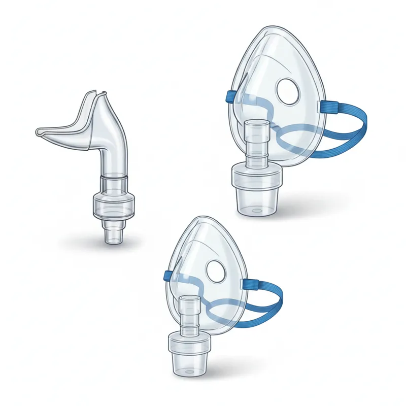 A collage image showing a clear plastic nebulizer mouthpiece, an adult nebulizer mask, and a smaller pediatric nebulizer mask with an elastic strap, a