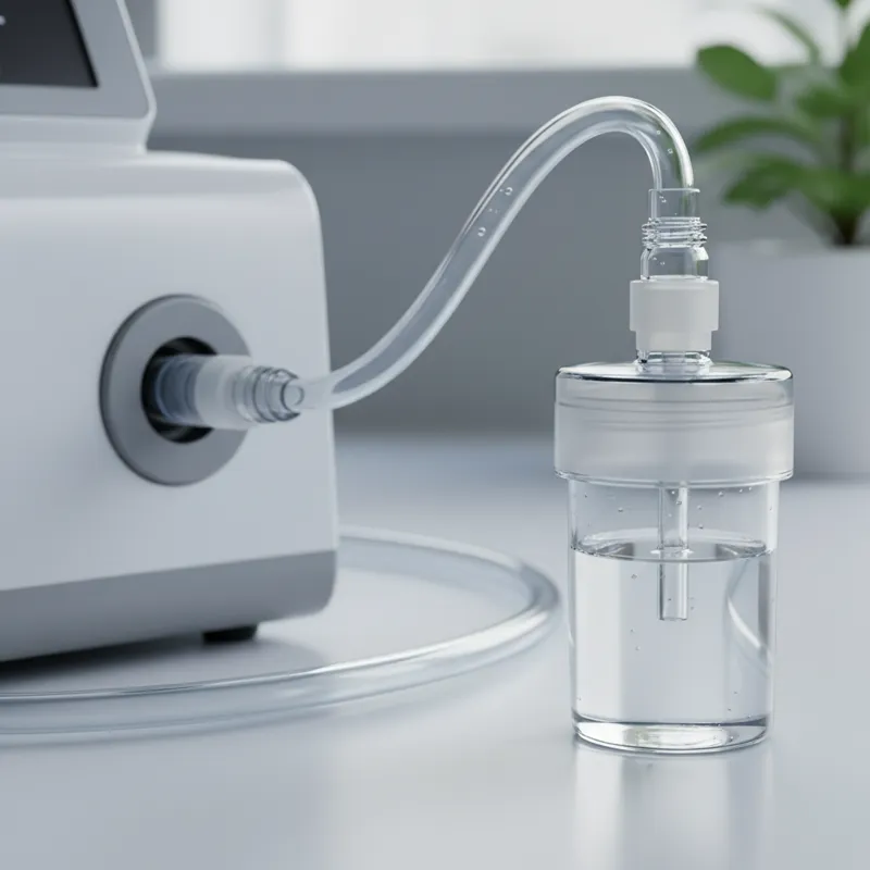 close-up shot of nebulizer tubing connecting a compressor to a medication cup, emphasizing a clear, clean tube