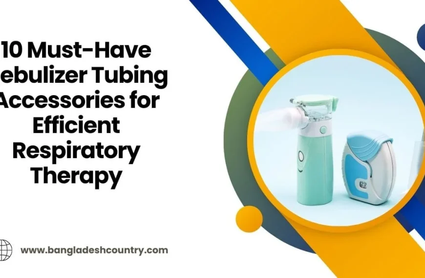 A modern teal portable nebulizer and a blue and white inhaler displayed on a light blue background, framed by abstract orange, blue, and green shapes. The image includes large text: '10 Must-Have Nebulizer Tubing Accessories for Efficient Respiratory Therapy' and a website URL.