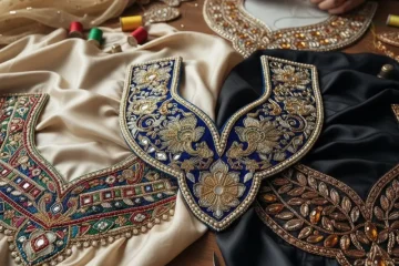 Close-up of an elegant neckline embroidery design featuring intricate floral patterns and delicate beadwork, perfect for traditional or modern garments.