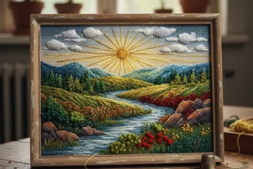 Close-up of hands doing intricate needle artwork, with a needle guiding colorful embroidery threads through fabric to create a detailed floral pattern.