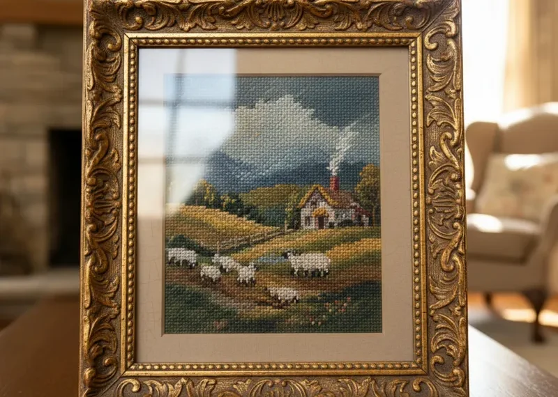 Close-up of a beautifully intricate floral needlepoint art piece, meticulously hand-stitched and elegantly framed in a dark wood or gold decorative frame, showcasing fine textile craftsmanship.