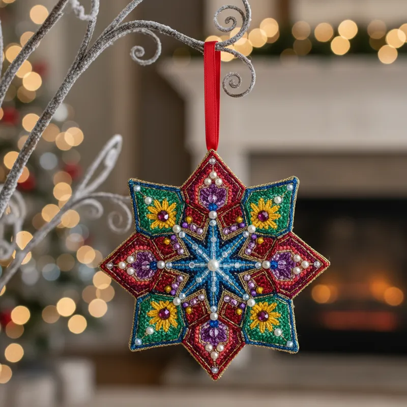 Close-up of a beautifully stitched needlepoint ornament hanging on a decorative branch, showcasing vibrant colors and intricate detail. The background
