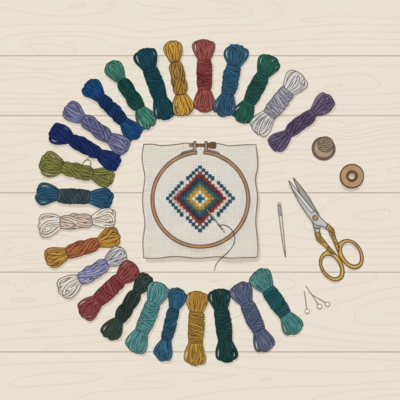 Flat lay of needlepoint supplies, including various colors of thread, a small round canvas with a partially stitched pattern, a needle, and small scis