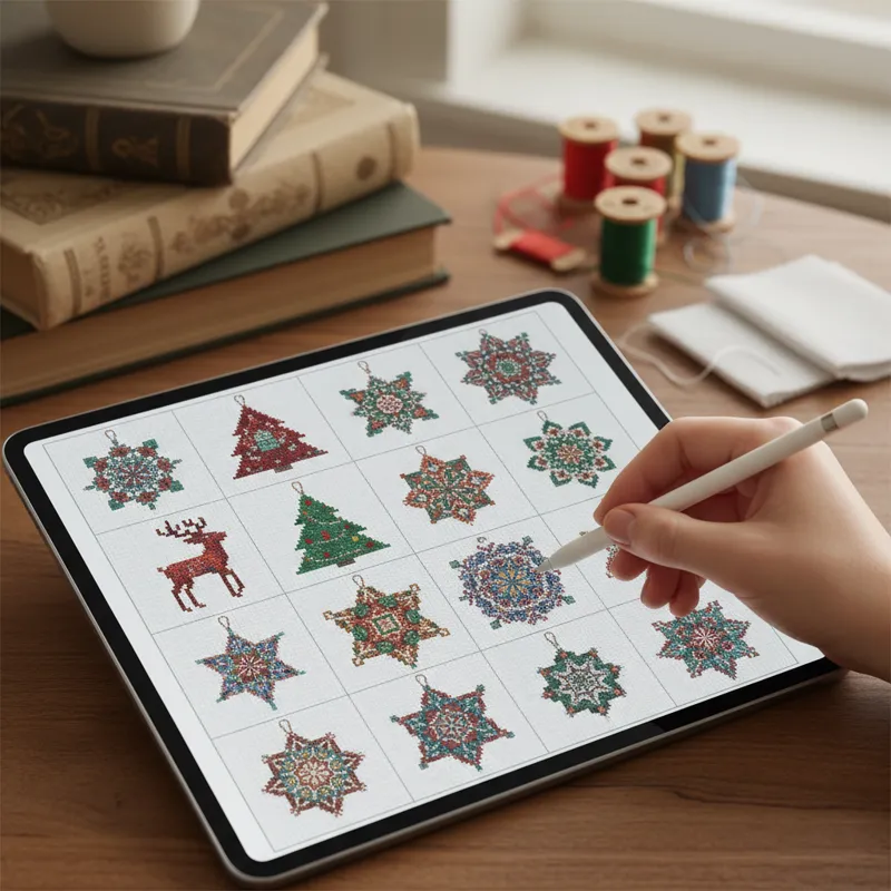 A tablet displaying various digital needlepoint ornament patterns, with a hand holding a stylus pointing to a unique design. Craft books and thread sp