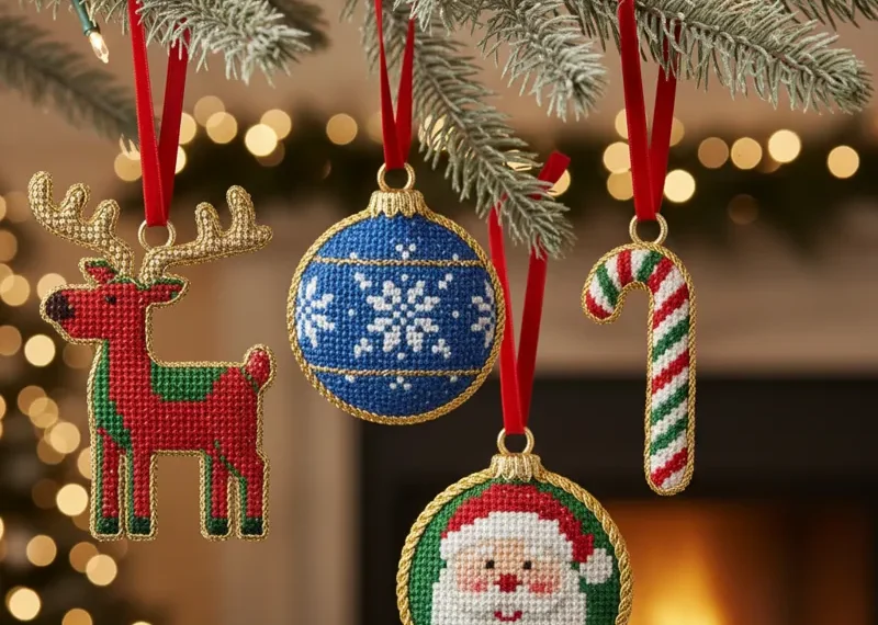 A collection of handmade needlepoint Christmas ornaments, showcasing various festive designs like stars, trees, and stockings, ready for holiday decoration.