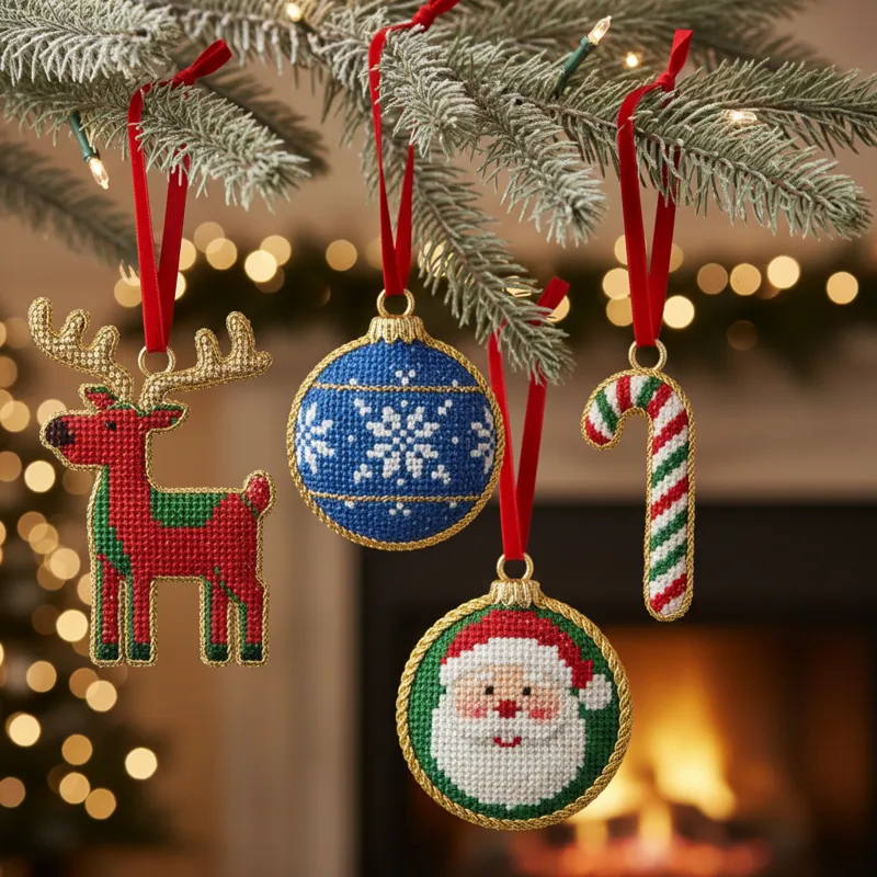 A collection of handmade needlepoint Christmas ornaments, showcasing various festive designs like stars, trees, and stockings, ready for holiday decoration.