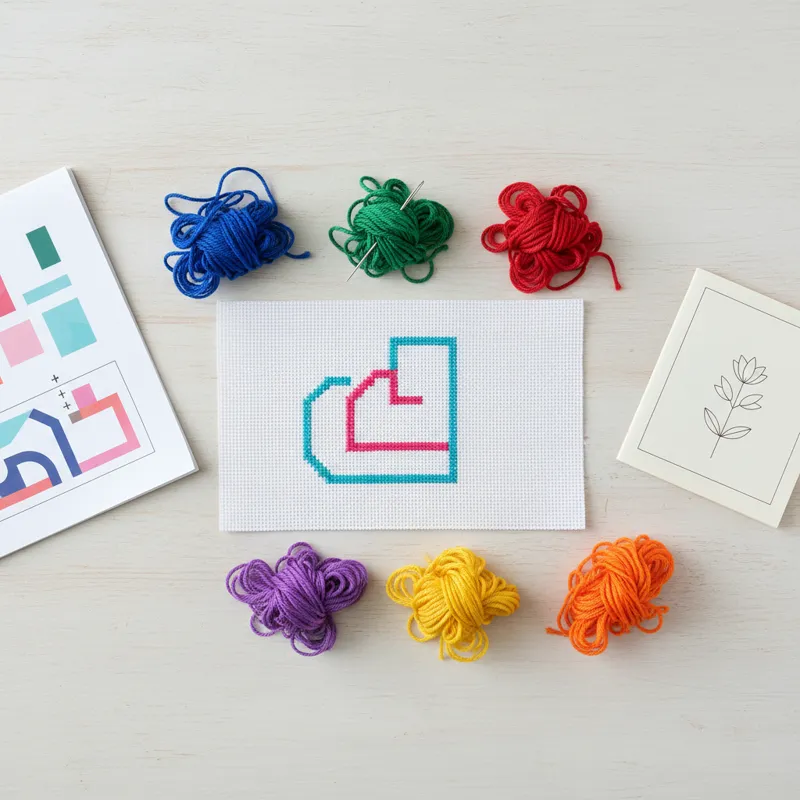 A vibrant flat lay image showcasing the contents of a modern needlepoint sampler kit, including a piece of canvas, an assortment of colorful threads,