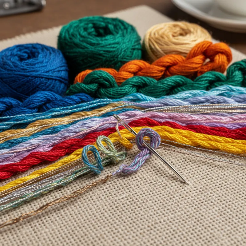 A close-up shot of a needlepoint canvas with several different types of threads laid across it, showcasing various textures and colors. A single needl