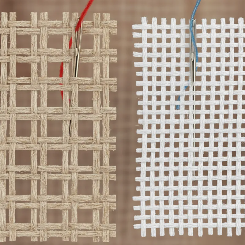 A macro shot illustrating the difference between two types of needlepoint canvas mesh, one with a larger gauge (e.g., 10-count) and another with a fin