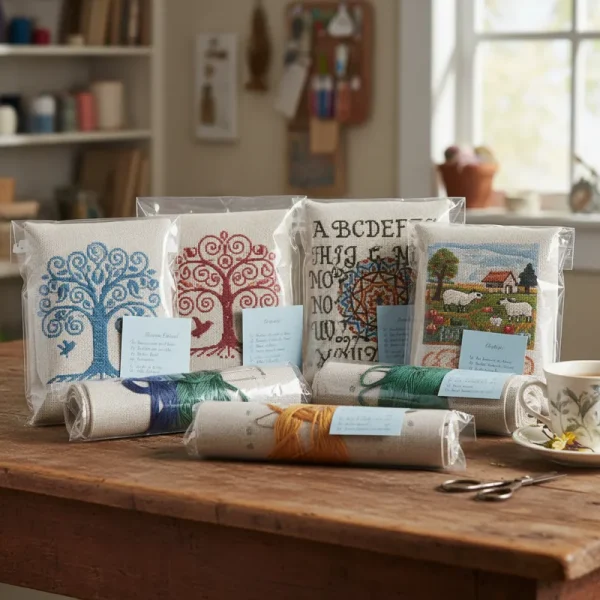 A complete needlepoint sampler kit laid out, featuring a pre-printed canvas, various skeins of colorful embroidery threads, a tapestry needle, and an instruction booklet, ready for a beginner to start stitching.
