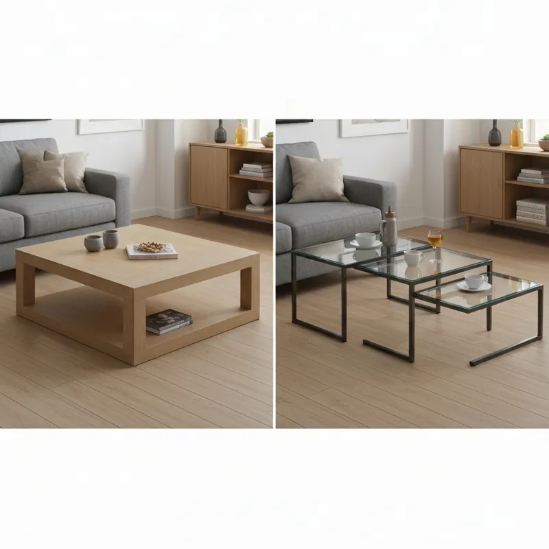 A side-by-side comparison photo. On the left, a large, bulky square wooden coffee table dominates a small living room, making it look cramped. On the