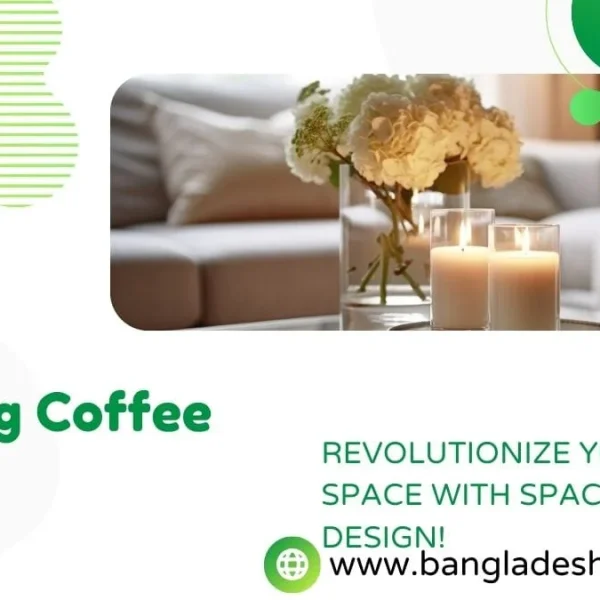 Promotional graphic for a nesting coffee table with a cozy living room scene in the background showing lit candles and white flowers. Text reads, 'Revolutionize your living space with space-saving design!'