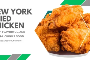 A large pile of golden, crispy New York Fried Chicken pieces on a platter, with promotional text about its quality and a website URL.