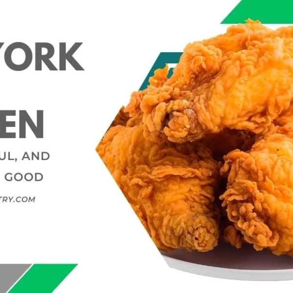 A large pile of golden, crispy New York Fried Chicken pieces on a platter, with promotional text about its quality and a website URL.