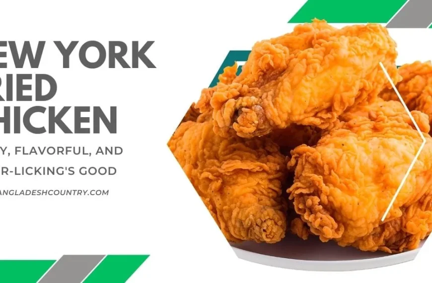 A large pile of golden, crispy New York Fried Chicken pieces on a platter, with promotional text about its quality and a website URL.
