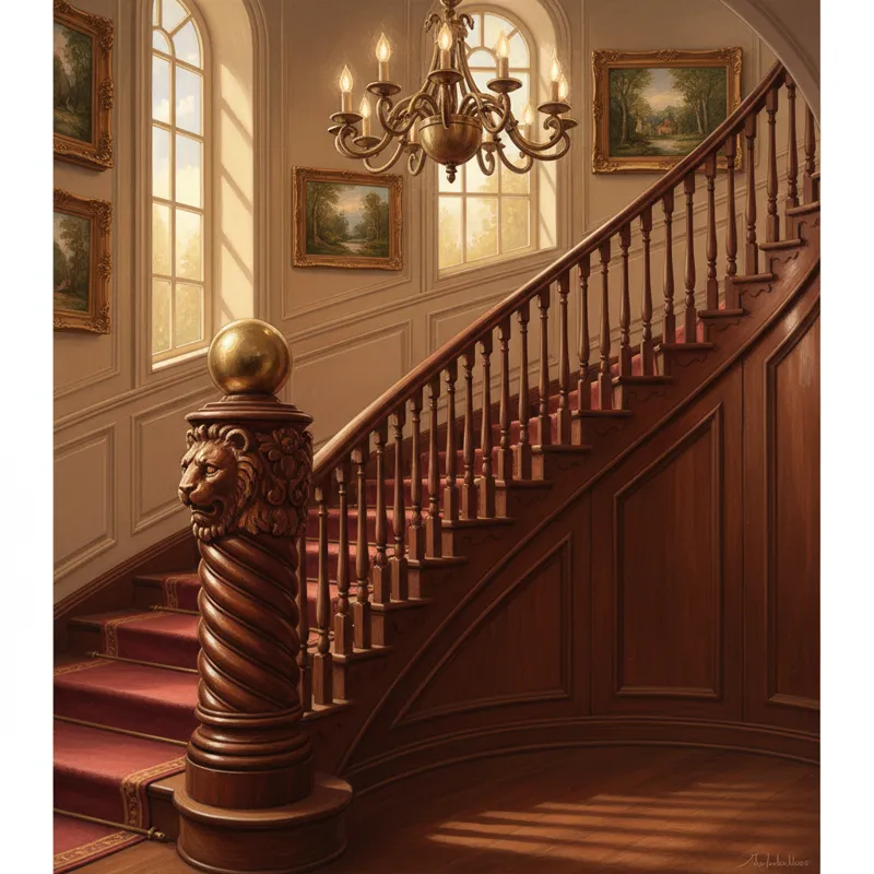 A grand staircase with a prominent, beautifully crafted newel post at the base, emphasizing its structural and aesthetic importance. The image should