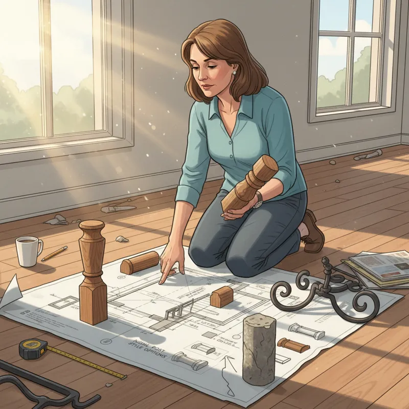 A homeowner reviewing different material samples for newel posts (wood, metal, composite) laid out on a blueprint, highlighting the decision-making pr