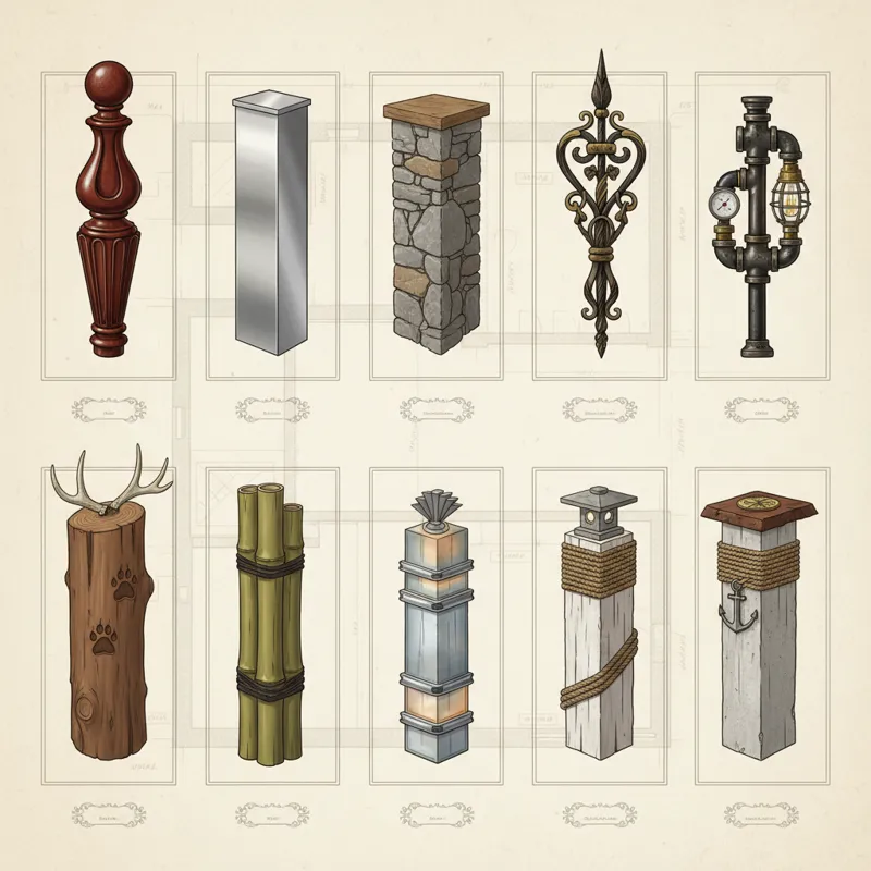 A collage of ten distinct newel post designs, each representing one of the categories described below, showing a variety of materials, styles, and fin