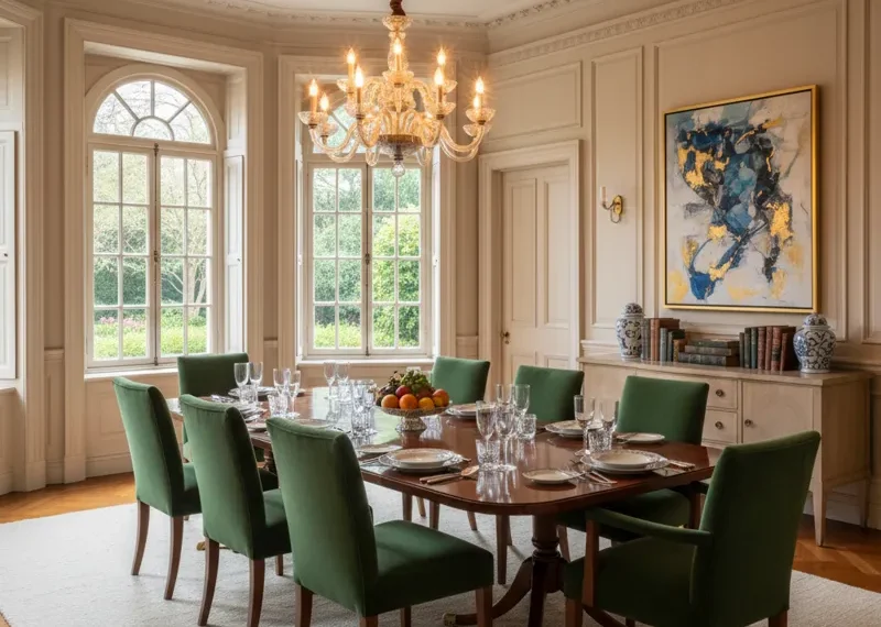 An elegant and modern nice dining room featuring a long polished wooden table, comfortable upholstered chairs, a stylish chandelier, and large windows with sheer curtains allowing natural light. The room is decorated with minimalist art, a plush area rug, and a centerpiece vase, creating a sophisticated and inviting atmosphere.