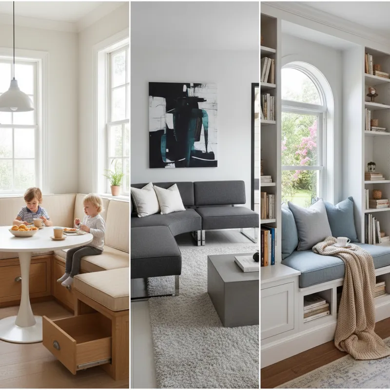 A comparison image showing different types of nook seating: a classic L-shaped kitchen banquette with storage, a sleek freestanding modular bench in a