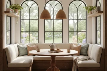 A modern and cozy kitchen nook with built-in L-shaped bench seating upholstered in light fabric, featuring throw pillows, a round dining table, and natural light.