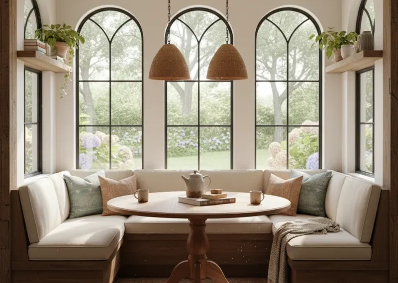 A modern and cozy kitchen nook with built-in L-shaped bench seating upholstered in light fabric, featuring throw pillows, a round dining table, and natural light.