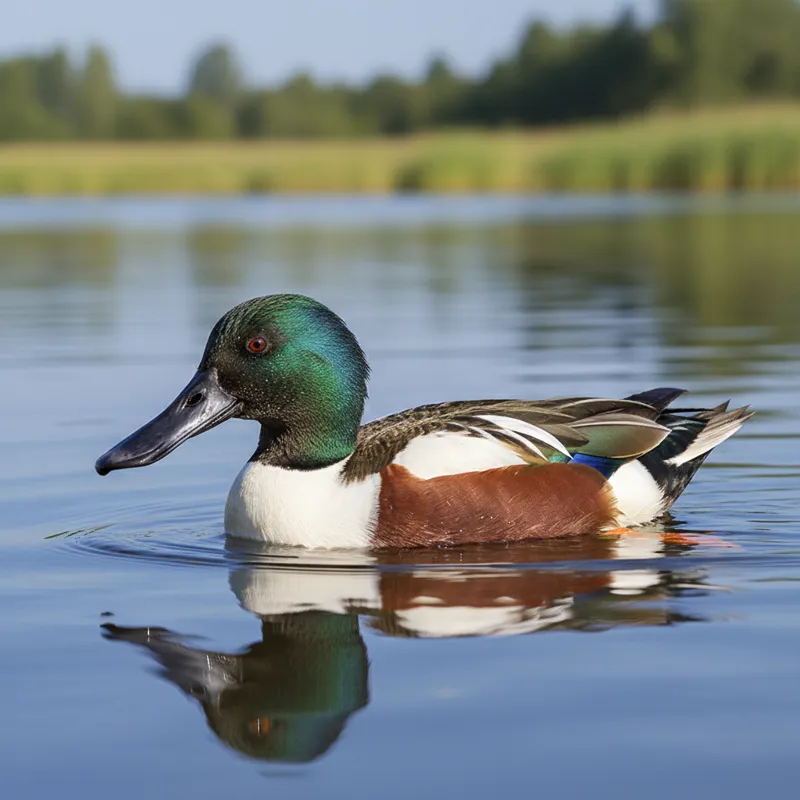 Male Northern Shoveler drake in vibrant breeding plumage, showcasing its large spatulate bill and distinctive head coloration, swimming in calm water.