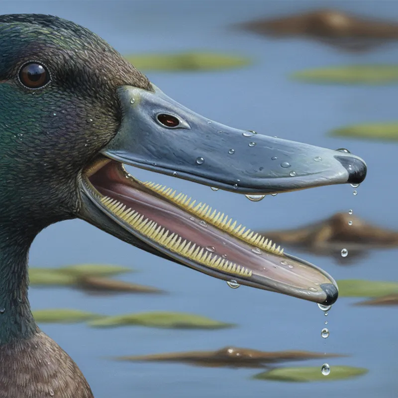 Close-up shot of a Northern Shoveler's open bill, clearly showing the fine lamellae along the edges, with water droplets visible.