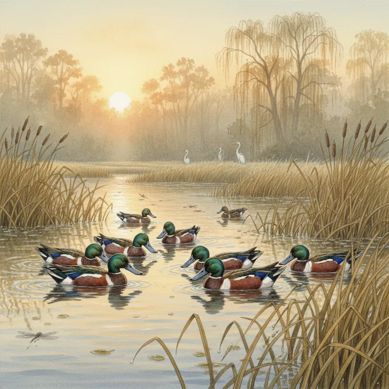 A wide shot of a wetland habitat, with several Northern Shovelers dabbling and filter-feeding in the shallow water, surrounded by reeds.