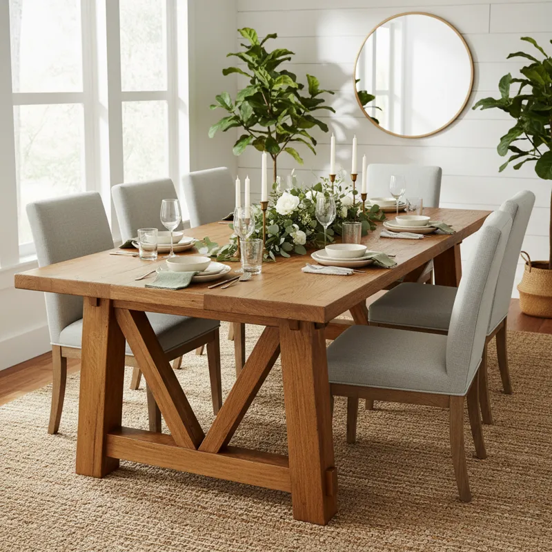 A beautifully set modern farmhouse oak dining table, with natural light filtering in, showing the grain detail and robust construction.